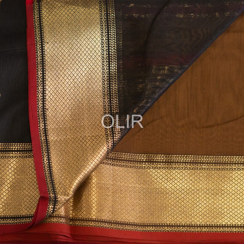 MSC086 - Chocolate Brown Maheshwari Handloom SIlk Cottton Saree - Image 3